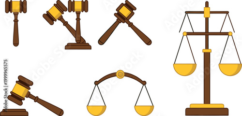 Gavel and balance scale set with justice legal symbols vector illustration.