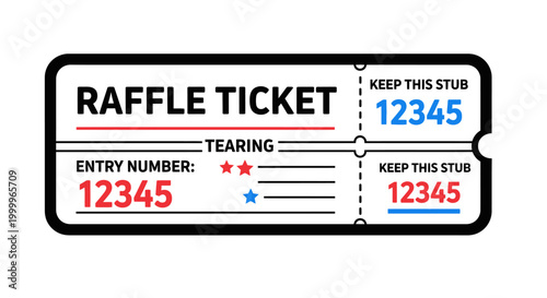 Raffle Ticket with Number 12345, Isolated on White Background