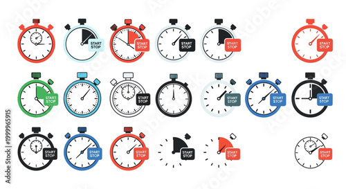 Stopwatch Collection: Time Measurement Icons, Start Stop Buttons, Various Colors