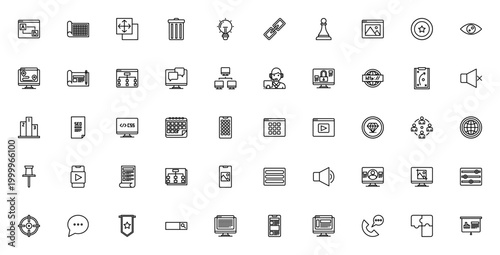 SEO icon set. Minimal vector icons pack. Includes symbols for website, search, link, rank, code, content, network, target, and more. Editable thin line stroke.