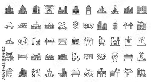 Collection of various building and transportation icons in black and white.