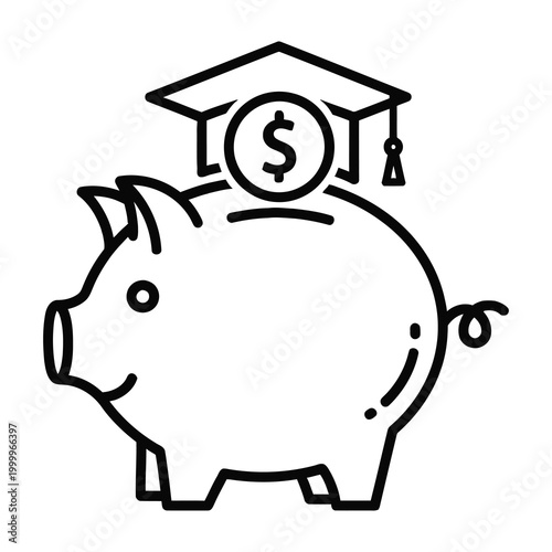 Piggy bank with graduation cap and dollar coin on top saving for education