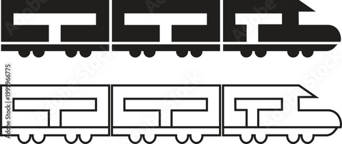 Train icon set in flat, outline style. Freight cargo wagons, passenger railcars and locomotive transport symbols. Minimal railway illustration collection for logistics, travel and infographic designs.