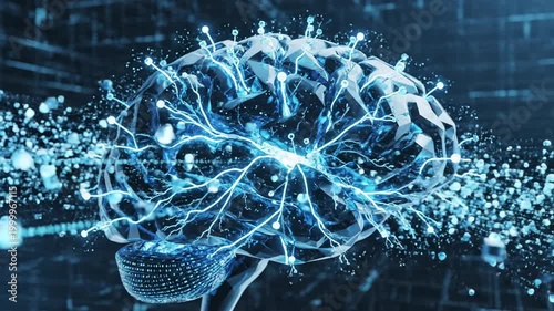 A futuristic neural network emits glowing blue connections and nodes, symbolizing advanced technology and artificial intelligence in a dark environment.