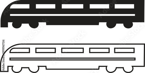 Train icon set in flat, outline style. Freight cargo wagons, passenger railcars and locomotive transport symbols. Minimal railway illustration collection for logistics, travel and infographic designs.