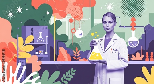 A confident female scientist stands in a vibrant laboratory, holding a beaker of yellow liquid. She wears a white lab coat and looks directly at the viewer.