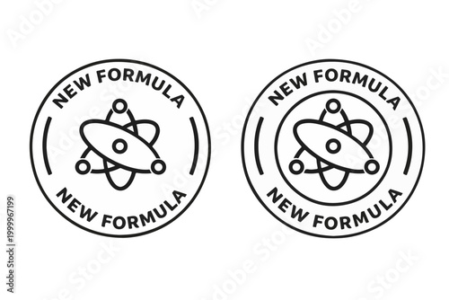 New formula stamp with atom icon minimalist line art vector design for product packaging and scientific innovation isolated on white background