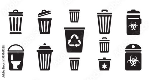 Set of various black trash can icons, including recycle and biohazard symbols on transparent background.