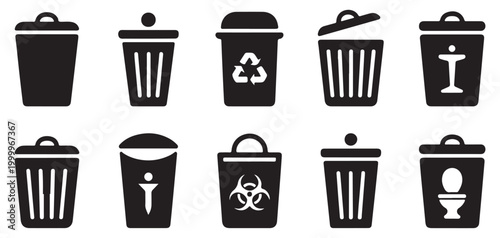 Set of black trash can icons with various symbols like recycling and biohazard on transparent background.