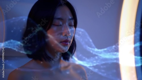 Woman experiences a serene moment with closed eyes surrounded by glowing blue waves in a peaceful indoor setting with a circular light source.
