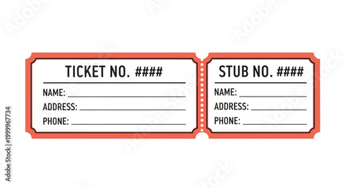 Blank Admission Ticket and Stub with Fields for Name, Address, Phone