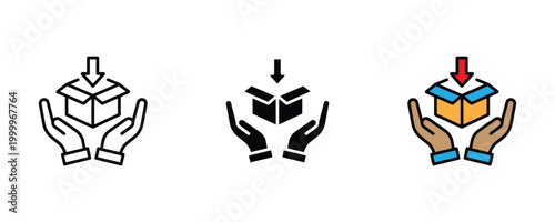 Hands protecting open cardboard box with down arrow icon set. Safe product delivery, secure package receiving, and logistics storage handling symbol.