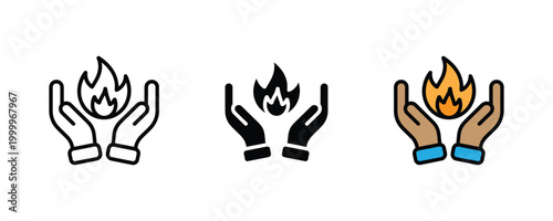 Hands cupping a burning flame icon set. Protection of energy source, warmth and fire safety management, and symbolic heat insurance element.