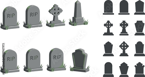Gravestone and tombstone set with cemetery memorial icons spooky vector illustration.