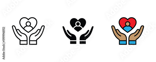 Hands holding heart with person profile icon set. Compassionate social care, individual community support, and humanitarian love protection symbol.