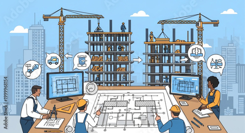 Construction Site Meeting with Blueprints and Cranes.