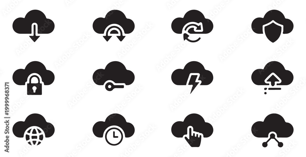Obraz premium Cloud computing icons set for data storage and network services with download security and exchange.