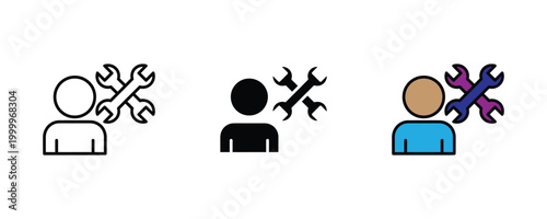 Professional technician with crossed wrenches icon set. Individual technical support service, mechanical expert maintenance, and manual labor repair symbol.