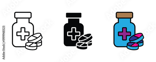 Medical pill bottle with capsules and tablets icon set. Pharmaceutical healthcare treatment, prescription medicine dosage, and antibiotic pharmacy supplement symbol.