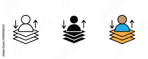 Person standing on paper document stack with arrows icon set. Professional workflow management, individual priority sorting, and administrative task organization symbol.