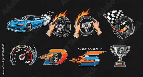 Set of racing and drifting car elements and symbols.