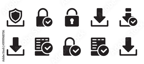 Secure download and file management icons for protected data storage with verification check marks.