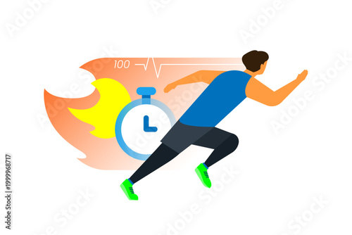 Vector illustration of man sprint with stopwatch, heart rate. high intensity cardio training, endurance improvement, athletic performance tracking. Concept of fitness, energy burst, heart health