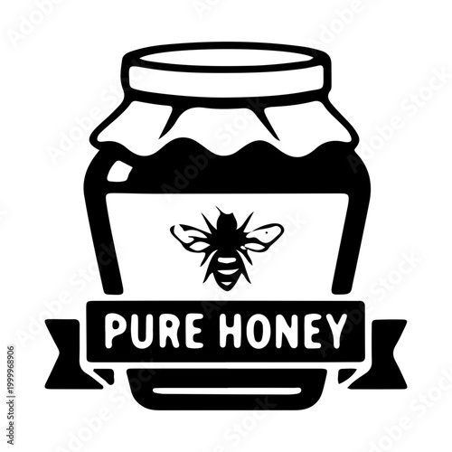 Pure Honey Jar Icon with Bee and Banner Illustration
