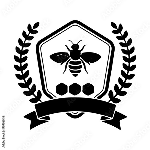 Honey bee emblem with honeycomb shield and laurel wreath vector
