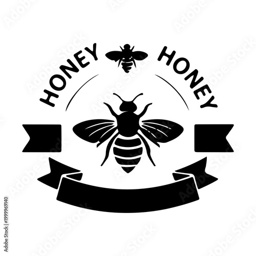 Vintage Honey Bee Badge Vector Illustration with Ribbon