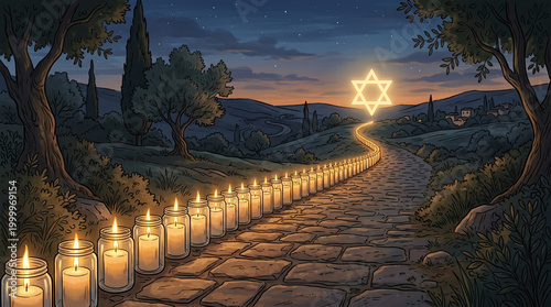 Candle-lit path leads to glowing Star of David at dusk.