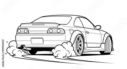 Sports car performing a drift with smoke from tires.