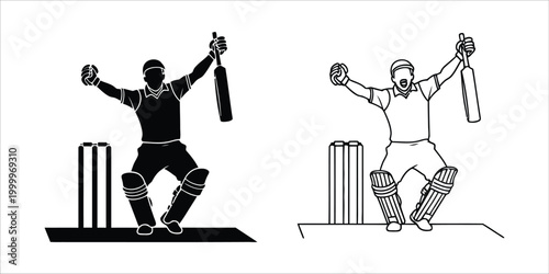 Cricket player celebrating victory with bat and wickets Vector Illustration Isolated on white background