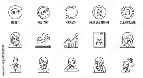 Modern line icons symbolizing new beginnings, personal growth, career development, fresh starts, transformation, reset, restart, and refresh across life's journey