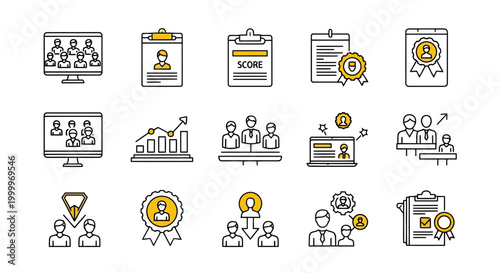 Set of modern linear vector icons illustrating key aspects of human resources, employee performance, business management, talent acquisition, and professional development