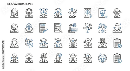 Vector line icons for business idea validation, innovation strategy, creative thinking, problem-solving analysis, and development process visualization