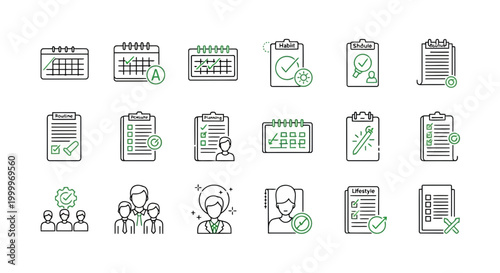 Outline vector icons representing business planning, task management, scheduling, approvals, and productivity. Ideal for project organization and workflow completion