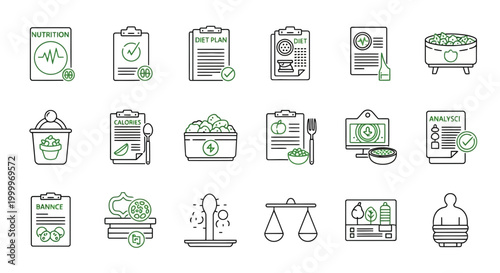 Outline vector icons for nutrition tracking, personalized diet plans, healthy eating habits, food market analysis, and comprehensive wellness management solutions