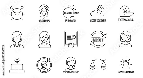 Comprehensive vector icon set symbolizing essential cognitive functions, mental well-being, and self-improvement strategies for modern digital experiences