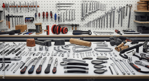 Photos Organized Array of Hand Tools Displayed on a Pegboard and Table.