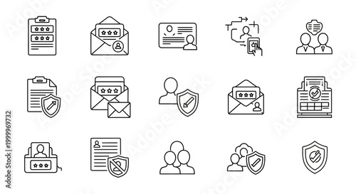 Collection of Vector Line Icons Representing Digital Security, Data Privacy, User Access Control, and Confidential Information Protection Concepts