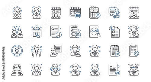 Dynamic line icons illustrating artificial intelligence's crucial role in human resources, business management, data analytics, and professional development for digital solutions
