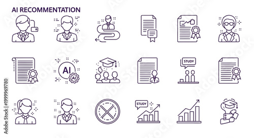 Modern line art icon collection depicting AI-powered guidance for personalized learning, career development, and data-driven insights to foster individual progress