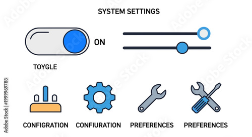 Vector illustration of digital UI components for system settings. Includes an interactive toggle switch, adjustable sliders, and icons for configuration and preferences