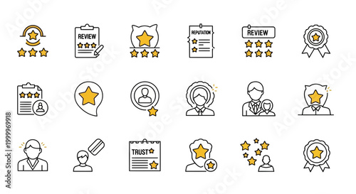 Outline Icons Set for Customer Reviews, Ratings, and Feedback. Highlighting User Satisfaction, Trust, and Service Quality in Business and Digital Experiences
