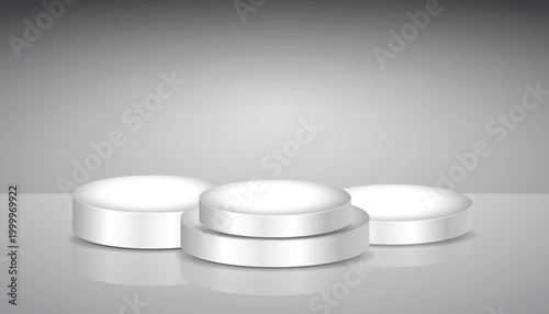 Set of white circle base. Collection of podium stand isolated on gray background. 3d round blank stand pedestal for product presentation