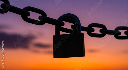 Padlock Securing a Chain Against a Colorful Sunset Sky.