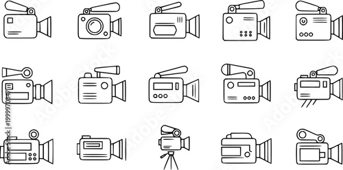 Black and White Line Art Video Camera Icons Set for Media Production, Filmmaking, Broadcasting, and Technology Industry Designs. Outline Camcorder Symbols