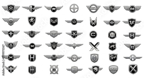 Collection of shield emblems and wing insignias.