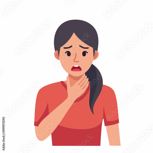 Woman with sore throat, holding her neck in pain